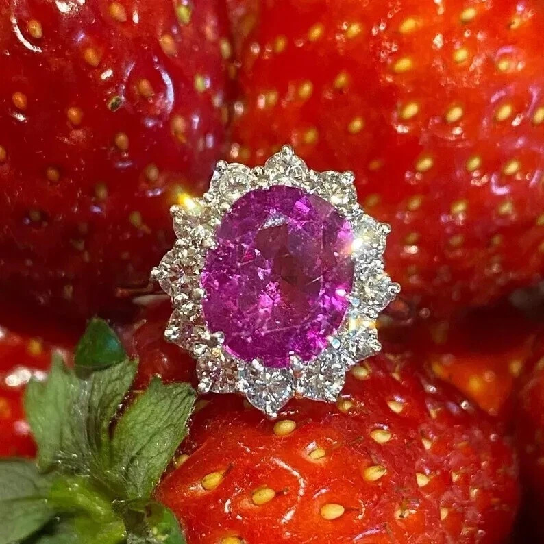 6.8 Ct Oval Cut Natural Pink Sapphire Diamond Wedding Ring 14K White Gold Size 7