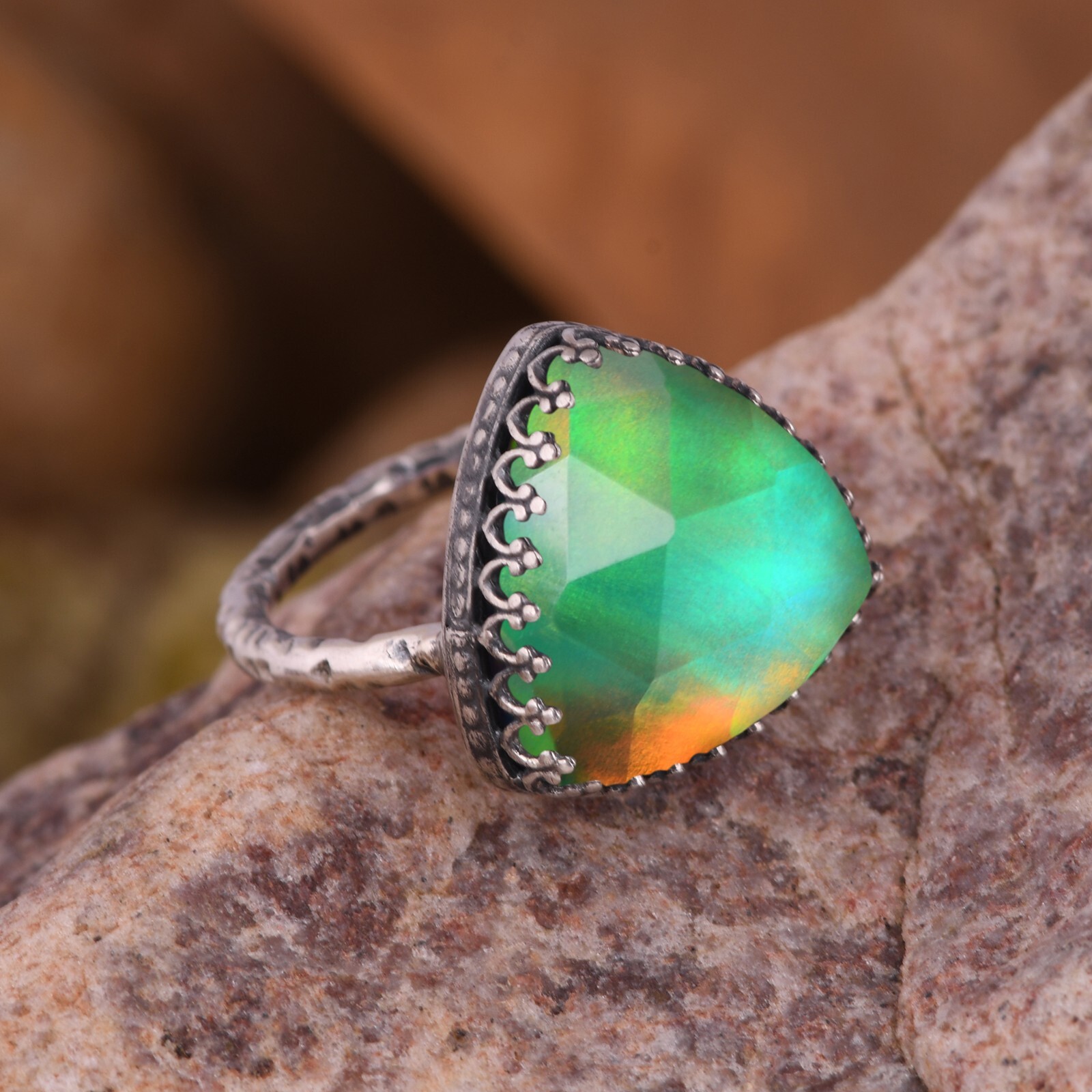 Trillion Aurora Opal Chunky Ring in Sterling Silver For Every Occasion Gift Her