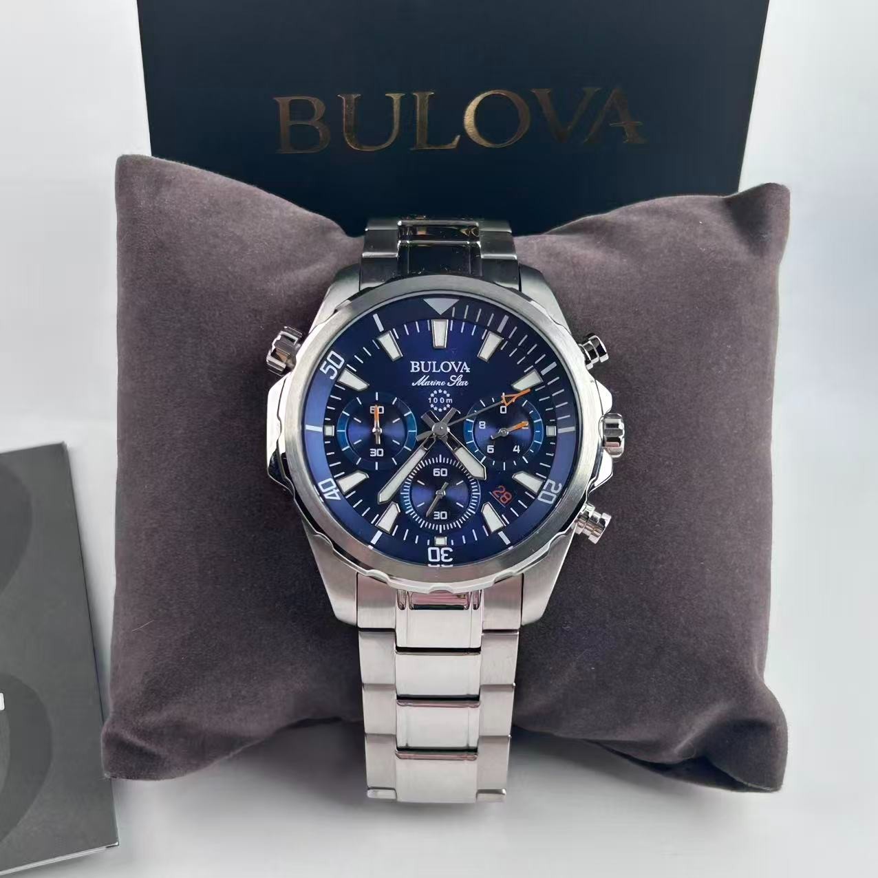New Bulova Marine Star 96B256 Blue Dial Men’s Chronograph Quartz Watch 43 mm