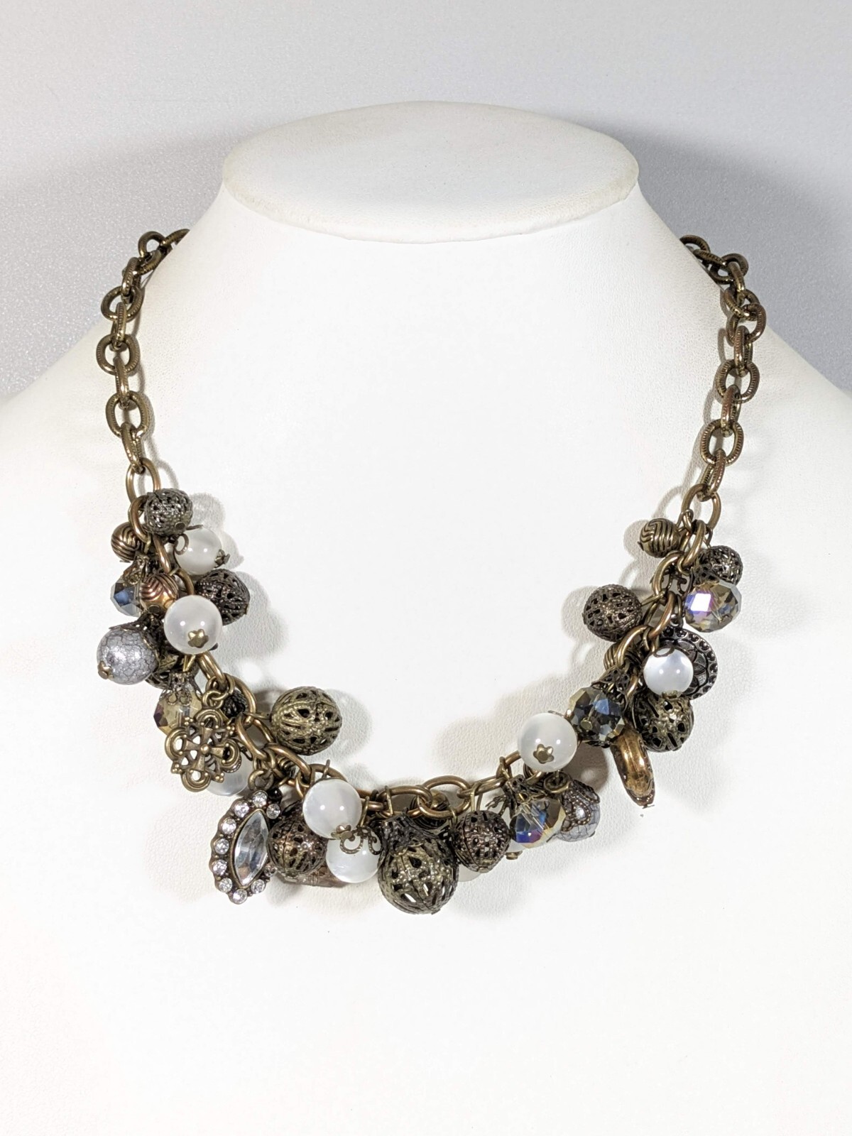 Bronze Tone Gray Glass and Acrylic Crystal Cluster Filigree Bead Necklace 19.5″