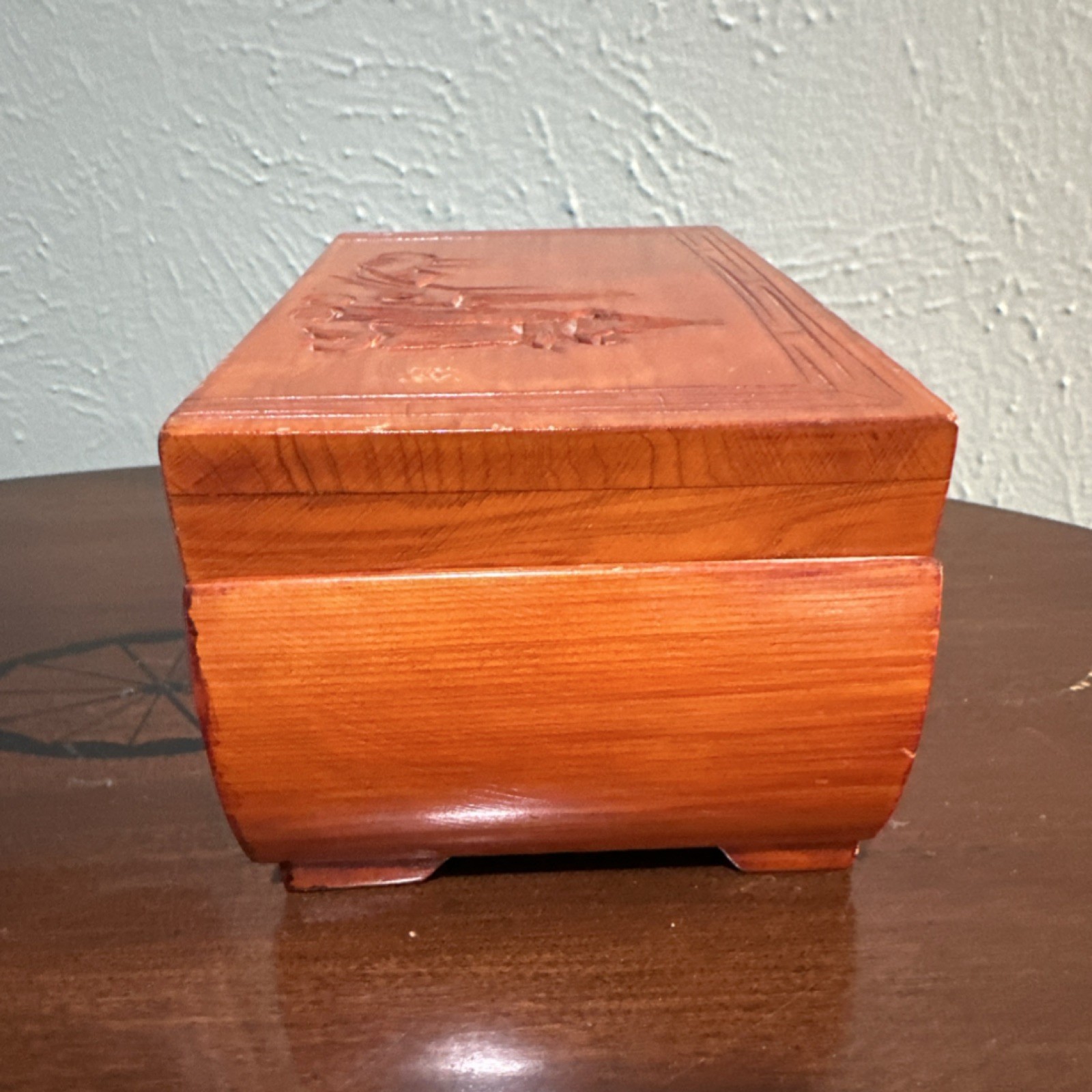 Carved Wood Jewelry Box with Mirror, Velvet Lining, Compartments, Nature Theme