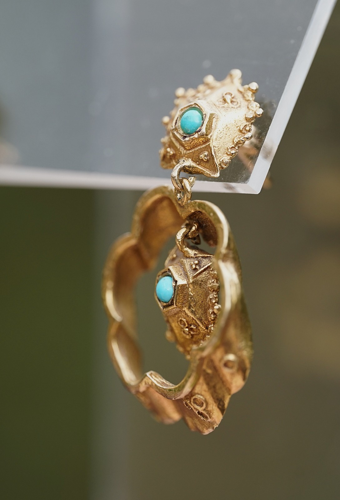 Victorian Antique 14k Solid Gold Etruscan Revival Turquoise Dangle Earrings 8.4g