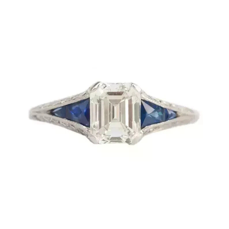 Art Deco Style Emerald Cut Lab Created Diamond Engagement 14K White Gold FN Ring