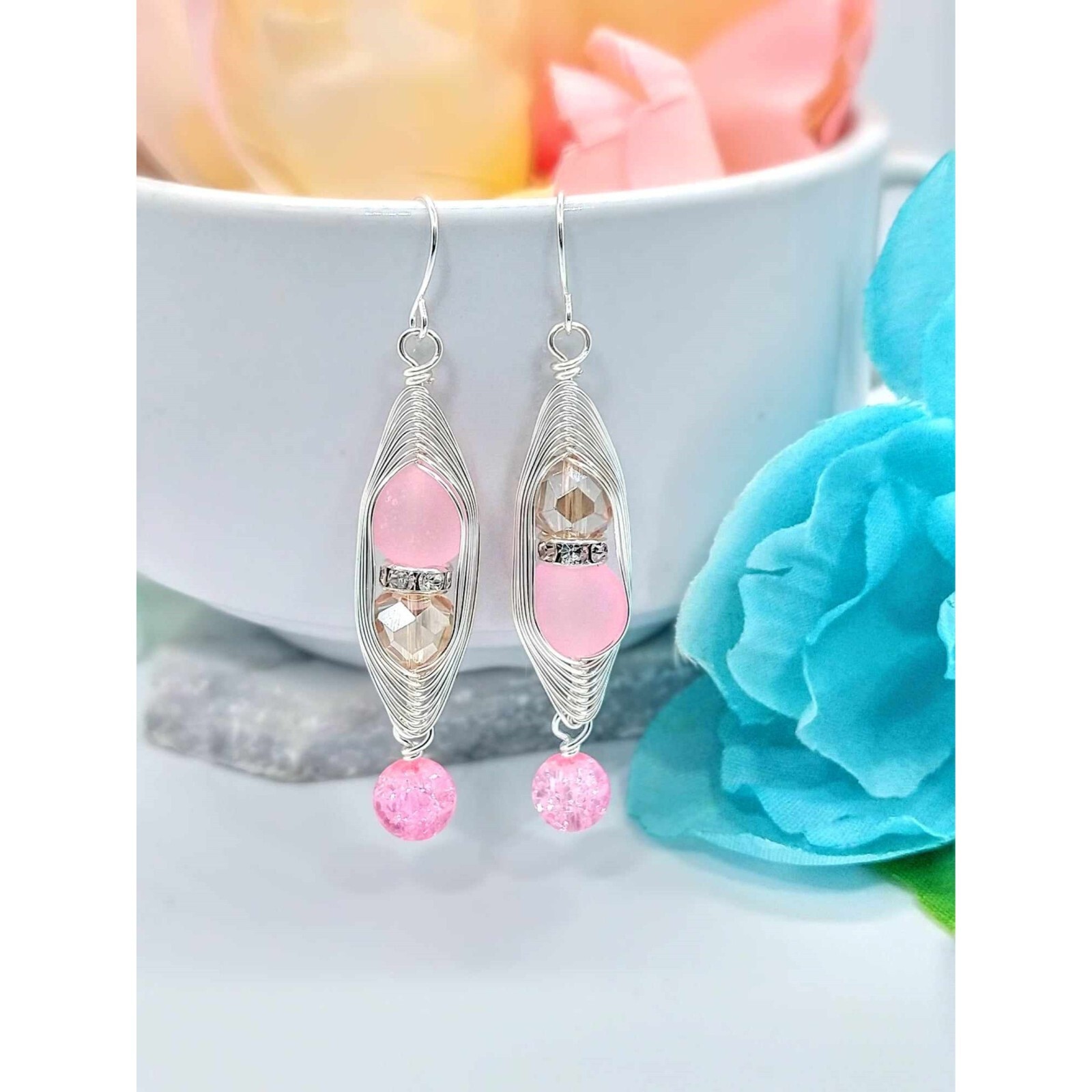 Pink Sea Glass Artisan Wire Braided Silver Earrings, Handcrafted