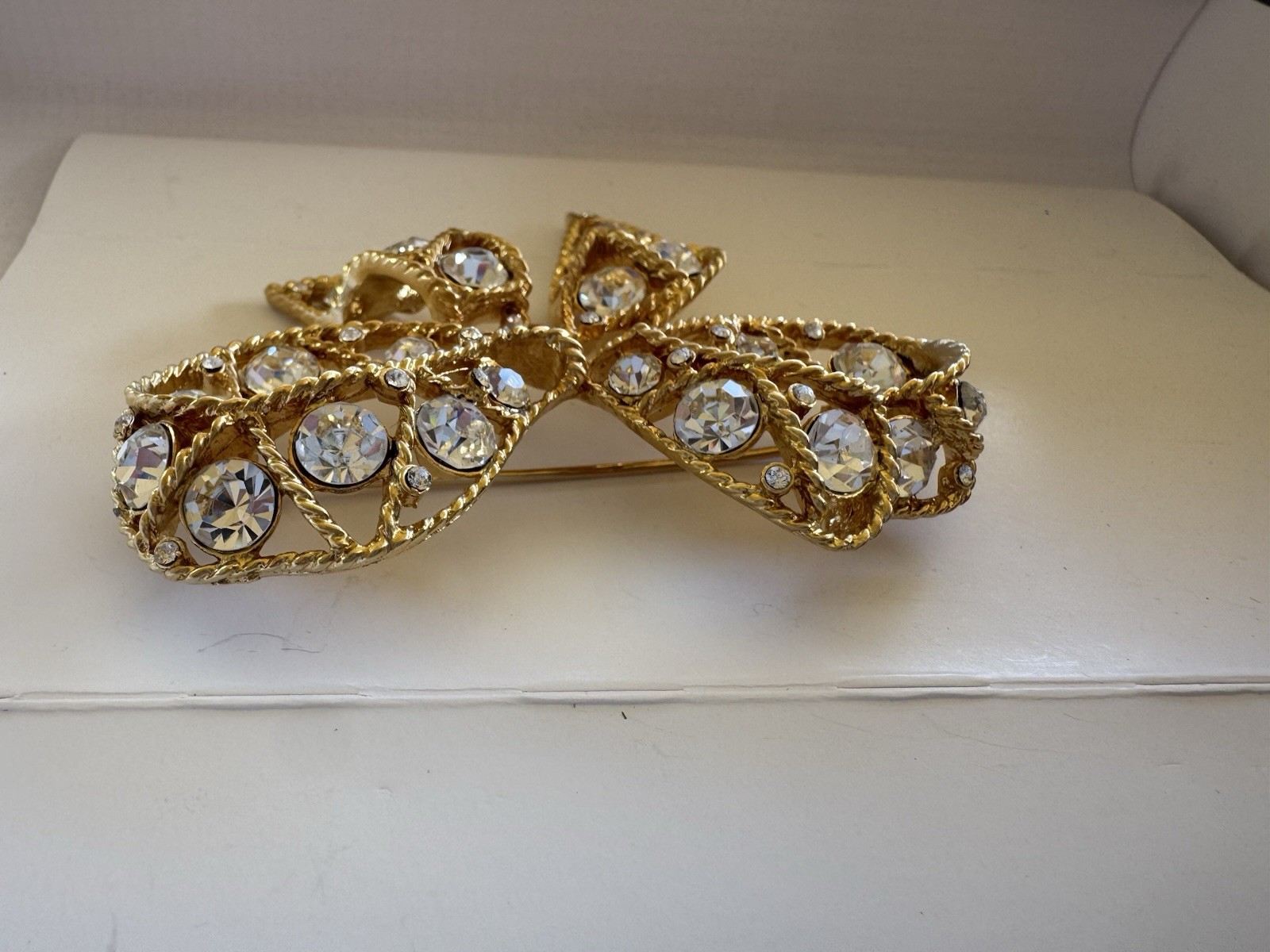 Vintage Gold Tone Ribbon Brooch with Pavé Set Crystal Rhinestones Free Shipping