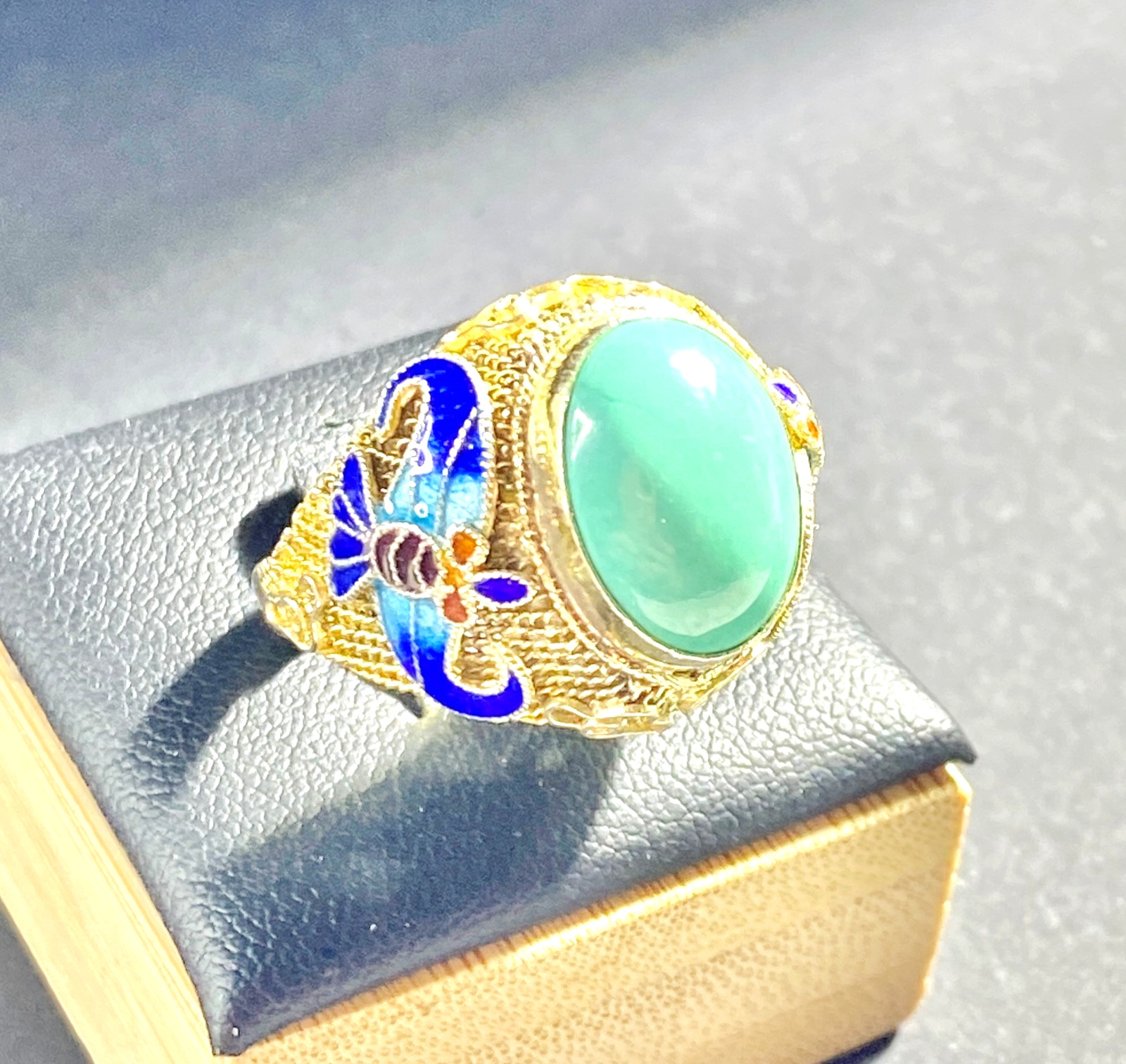 Vintage Chinese Export Silver Vermeil Turquoise & Enamel Adjustable Sized Ring