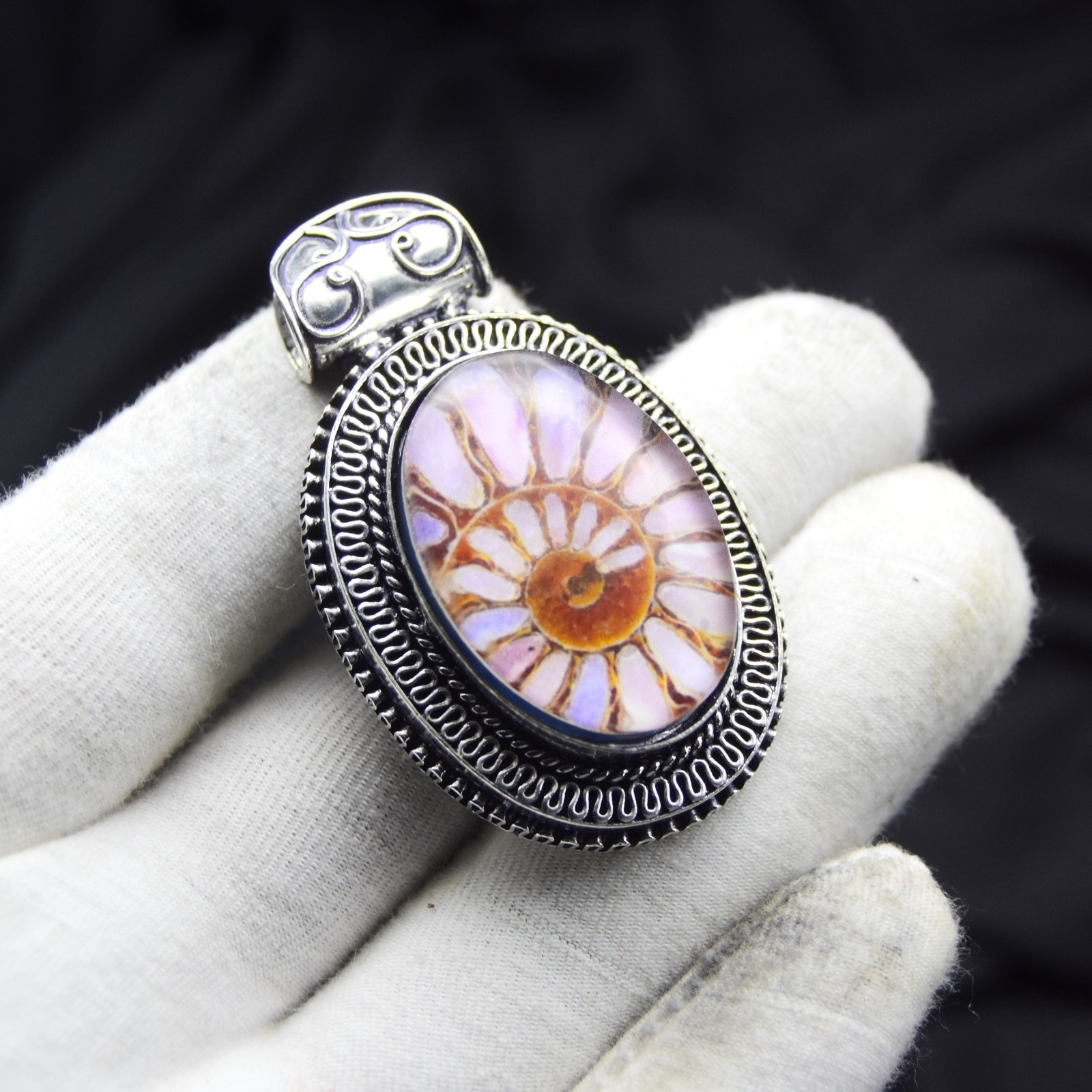925 Sterling Silver Ammonite Fossil Gemstone Pendant Handmade Jewelry Size-1.75″