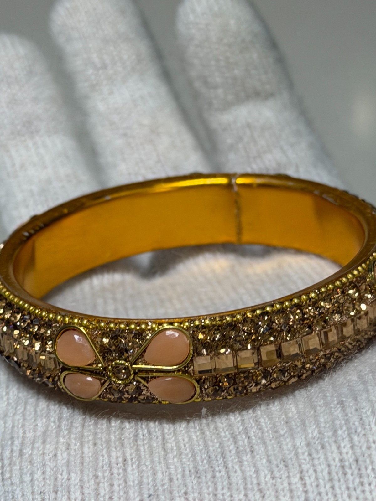 Gold-Toned Indian-Style Bangle Bracelet Sparkling Crystal Inlays & Flower