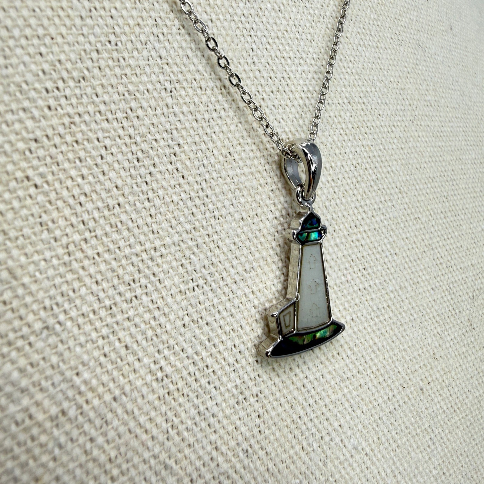 Lighthouse Pendant Necklace Silver Tone Mother of Pearl Abalone Shell Nautical