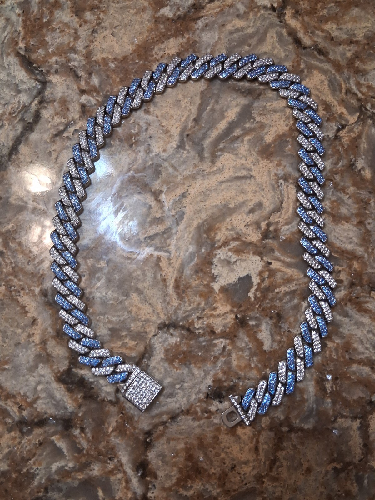 Iced Out Cuban Link Chain Necklace Blue Crystal Pavé Box Clasp