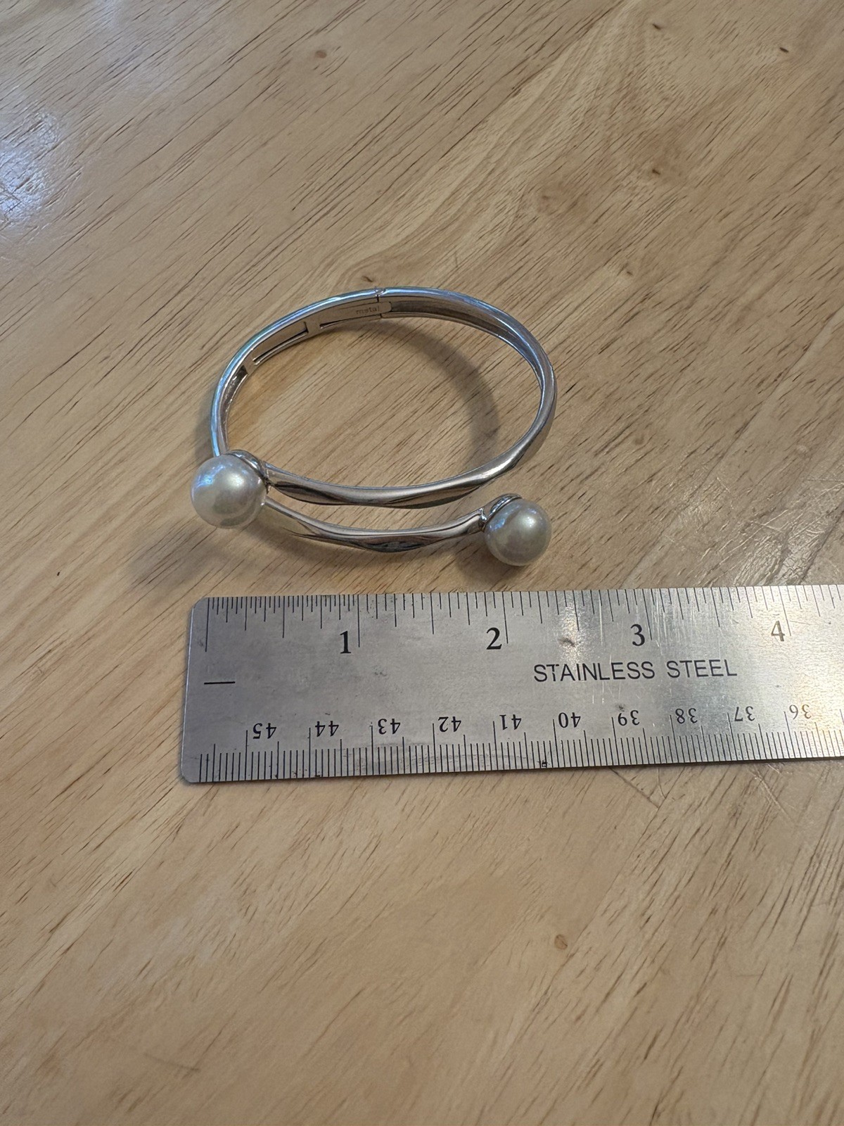 Majorica Sterling Silver Imitation Pearl Hinged Bypass Bangle Bracelet