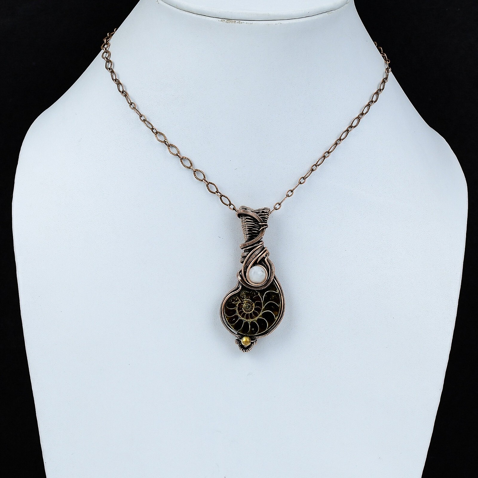 Ammonite Fossil Wire Wrapped Pendant Handcrafted Copper Partywear 2.36″