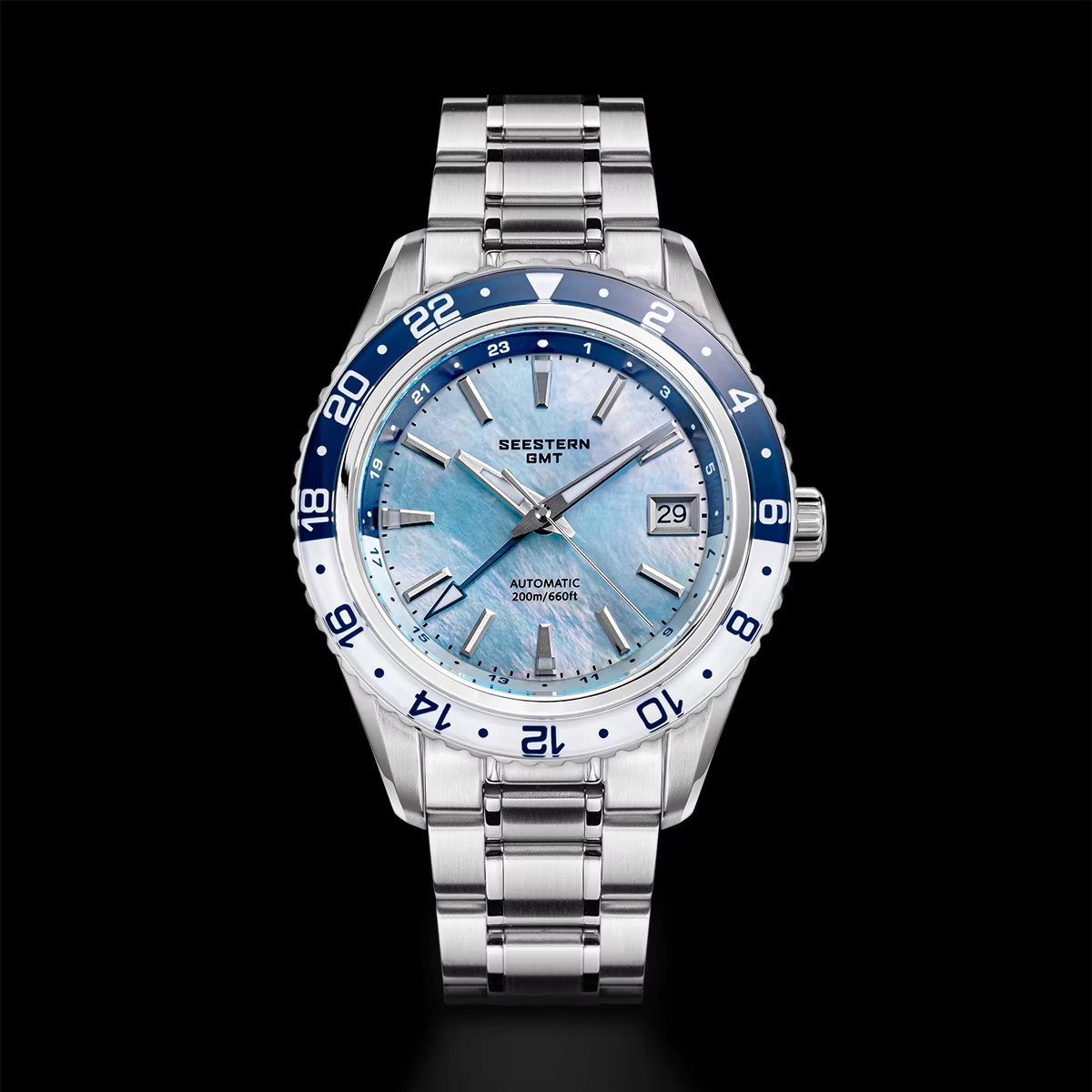 SEESTERN GMT Men Watch Automatic NH34 Sapphire 200M Diver MOP Teal Blue S456