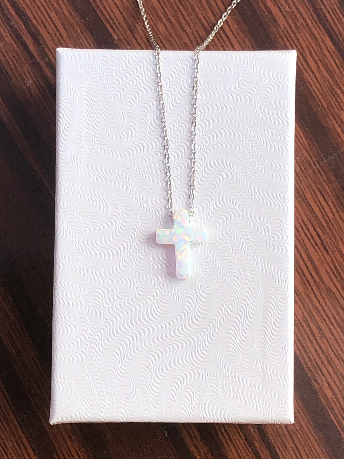 White Opal Cross Necklace 925 Sterling Silver Womens Girls 12mm 17.75″ Simulated