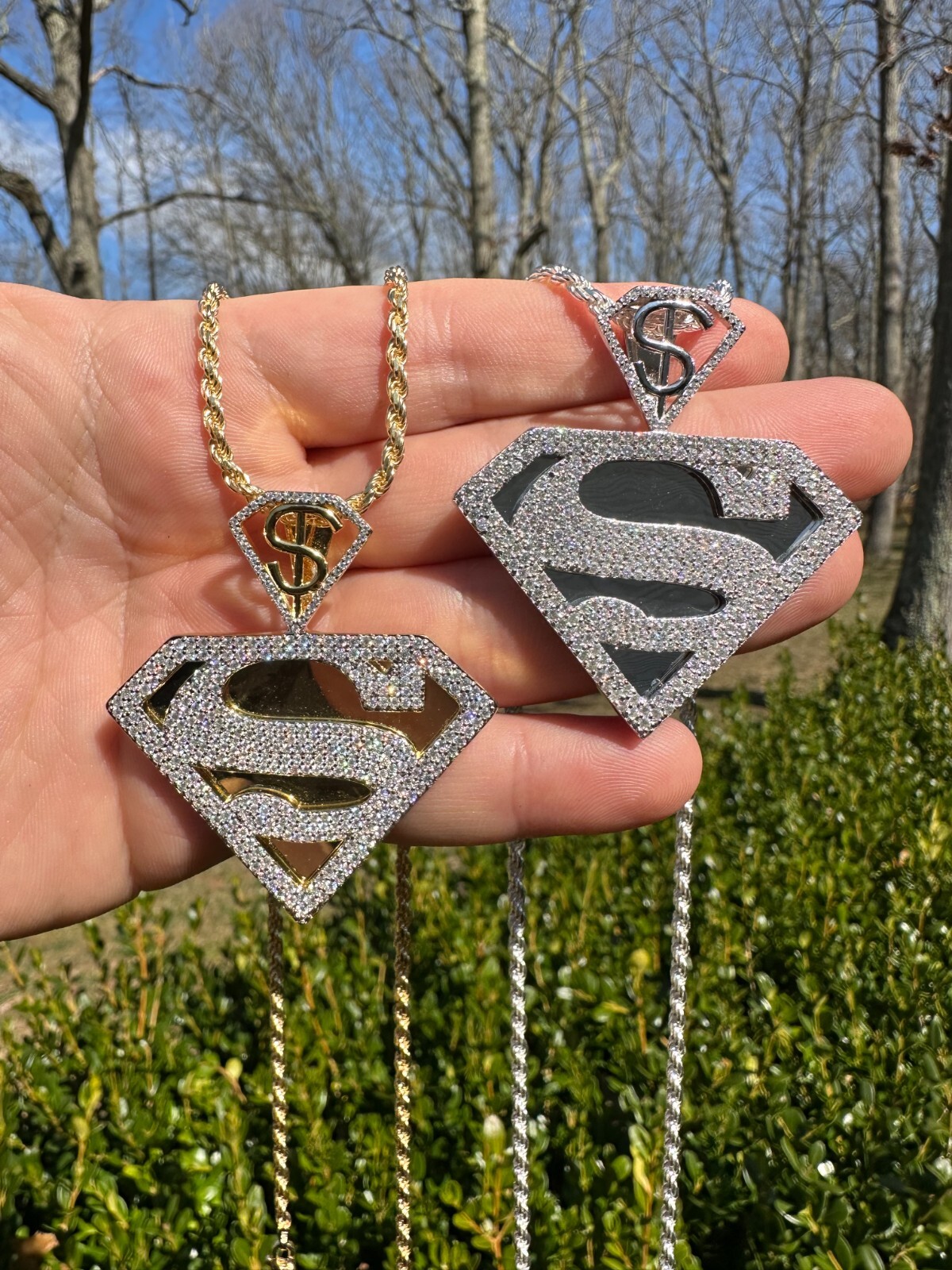 MOISSANITE Real 925 Silver/Gold Plated Iced SUPERMAN Superhero Pendant Necklace
