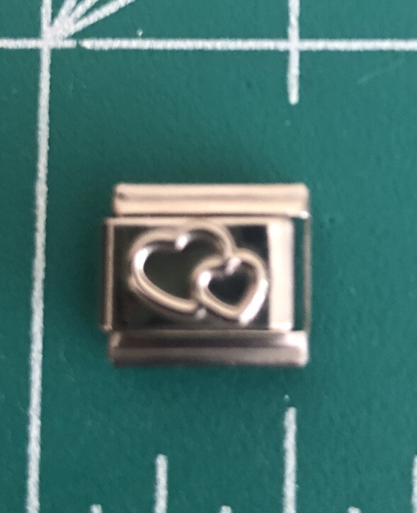 NOS Raised Two Silver Hearts Italian Charm Modular Bracelet Link 9mm