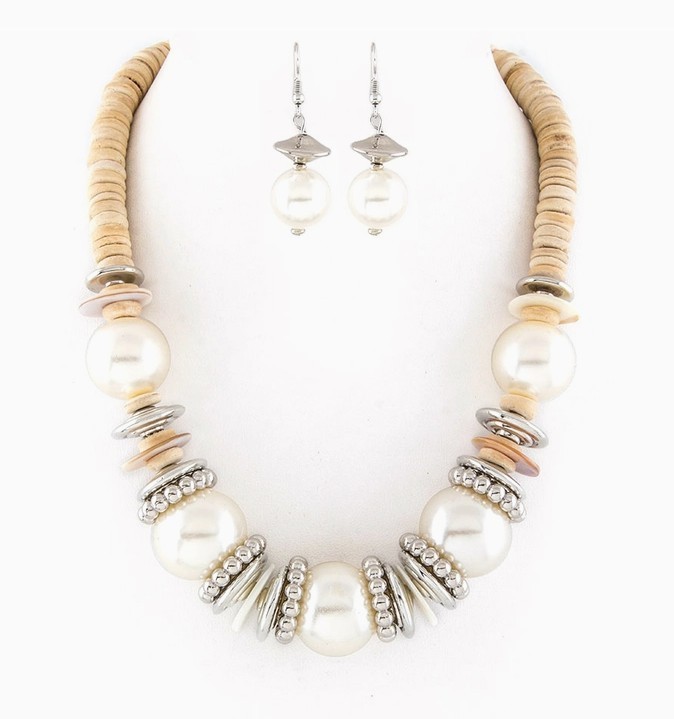 Mix Beads & Disks Necklace and Earings Costume Jewelry Set–White