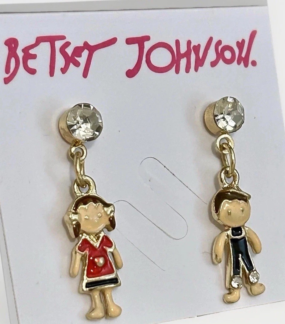 Betsey Johnson DARLING Red Blue Enamel Crystal Boy Girl Dangle Earrings NWT
