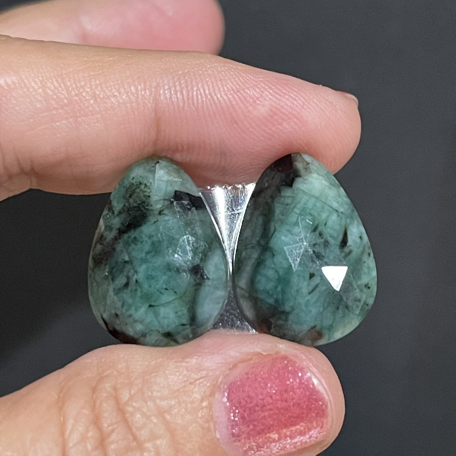 24.3ct 22×15.8×4.7mm Pair Green Emerald Rose Cut Flat Back Teardrop Cabochons