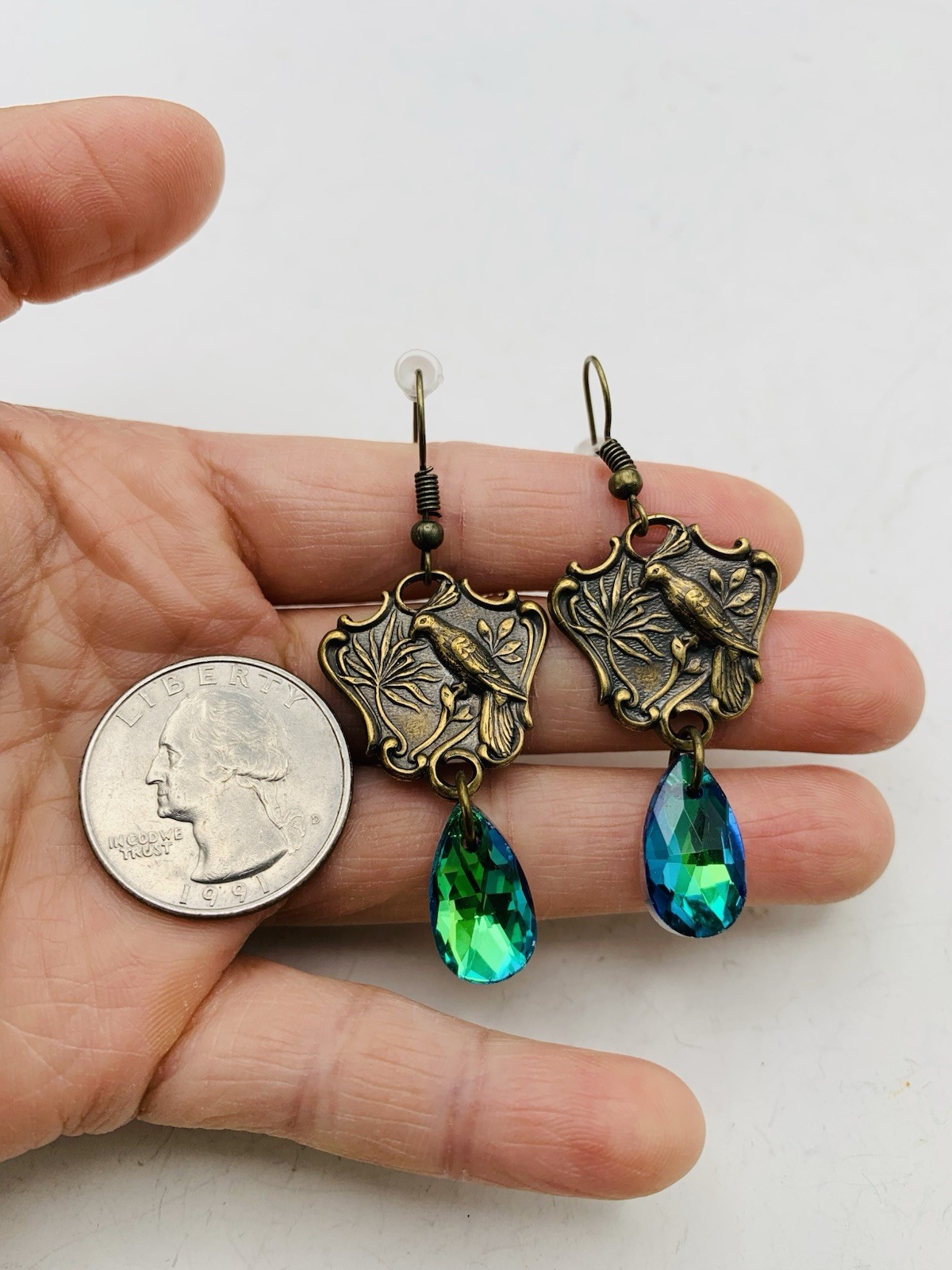 Vintage Style Bronze Art Nouveau Enchanted Bird Rainbow Blue AB Hook Earrings
