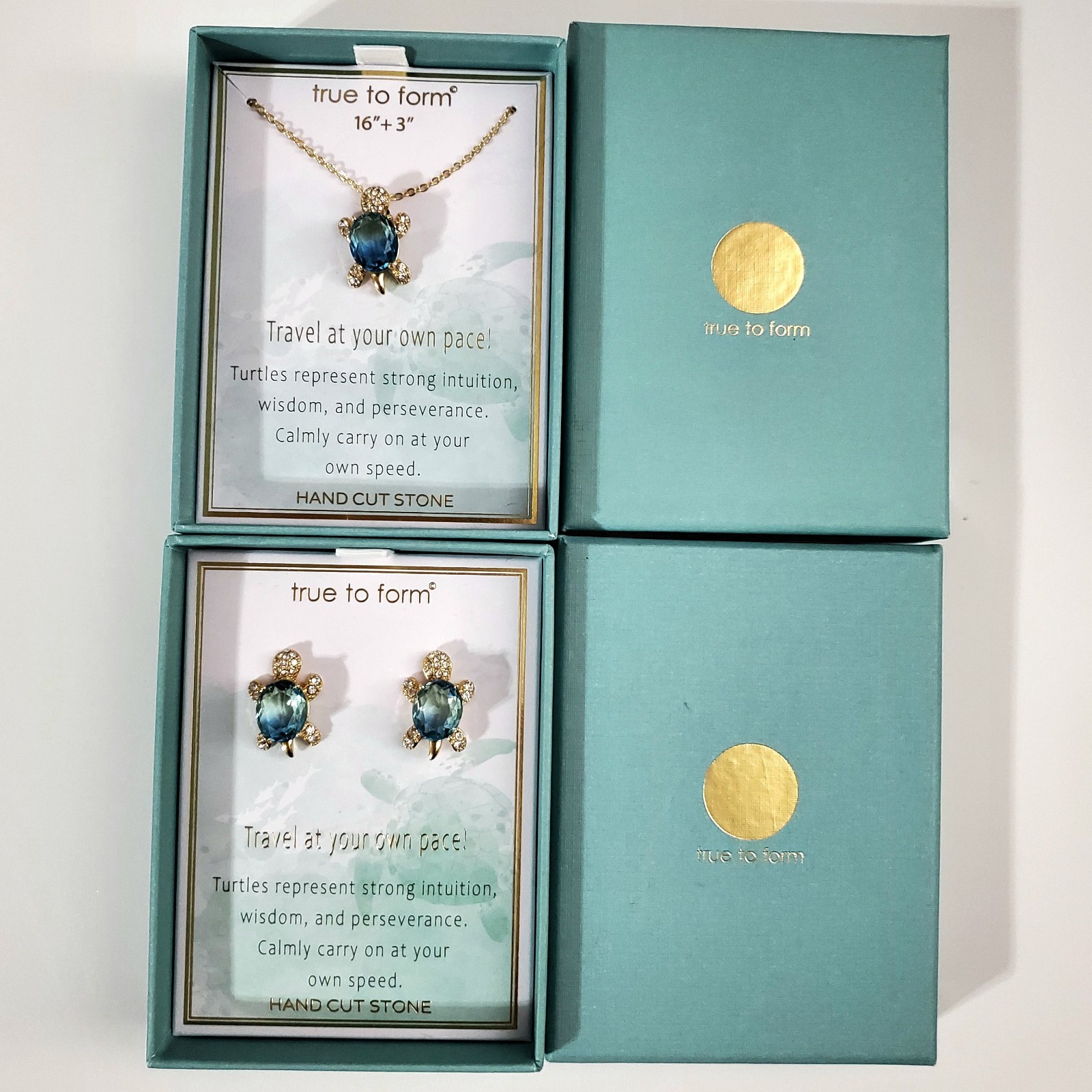 Crystal Turtle Jewelry SET Earrings Necklace Set Hand Cut Teal Stone NEW IN BOX
