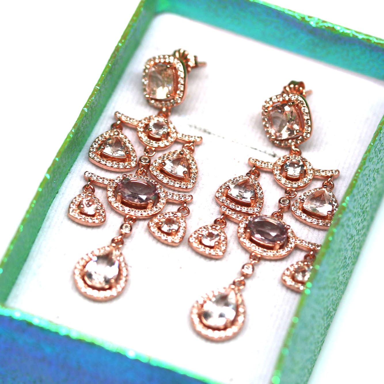 Thai Handmade 925 Silver Pink Morganite Topaz Zircon Earrings Rose Gold Plated