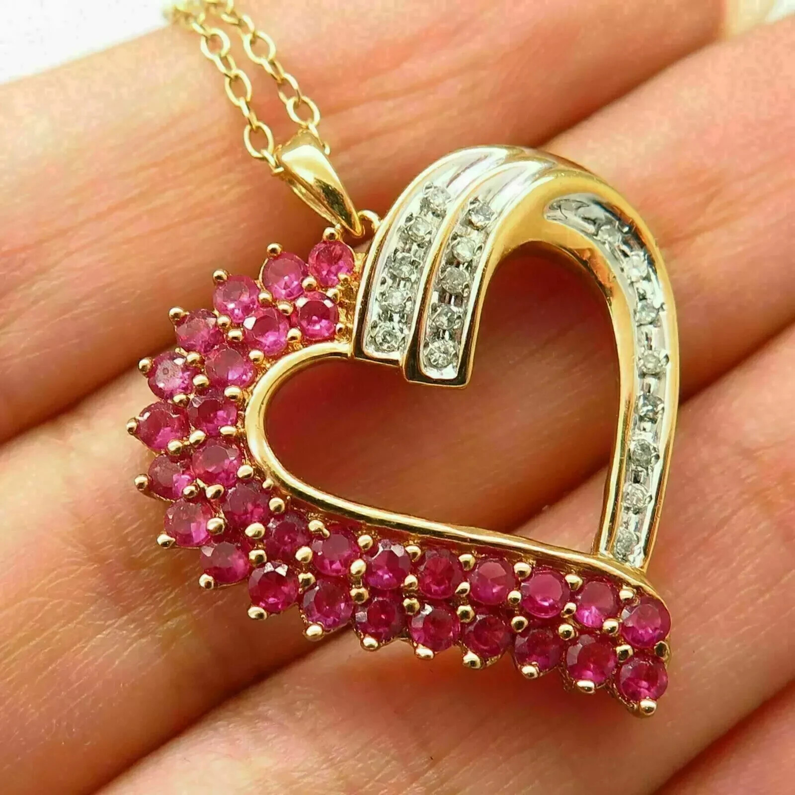 2Ct Round Cut Red Ruby & Diamond Heart Pendant 14K Yellow Gold Finish Free Chain