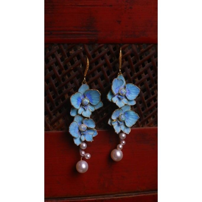 Butterfly Orchid Earrings Filigree Cloisonné Faux Pearl Chinese Style Jewelry