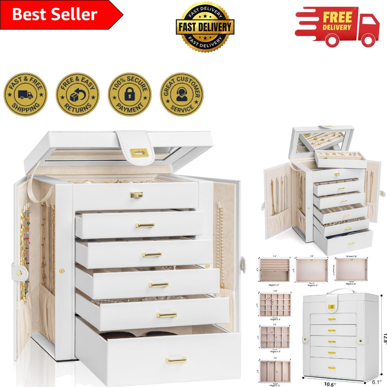 Durable White Jewelry Organizer with Large Mirror – 6 Drawers for Rings & More