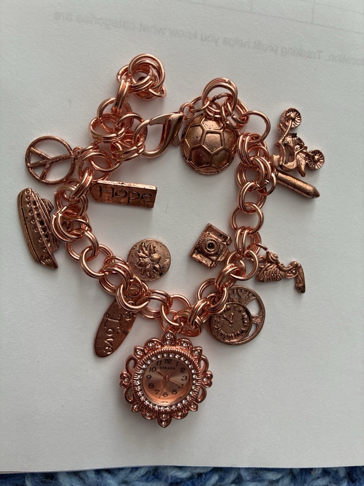 Strada Rose Gold Charm Bracelet Watch, Peace, Hope + More Charms, Gift Box New