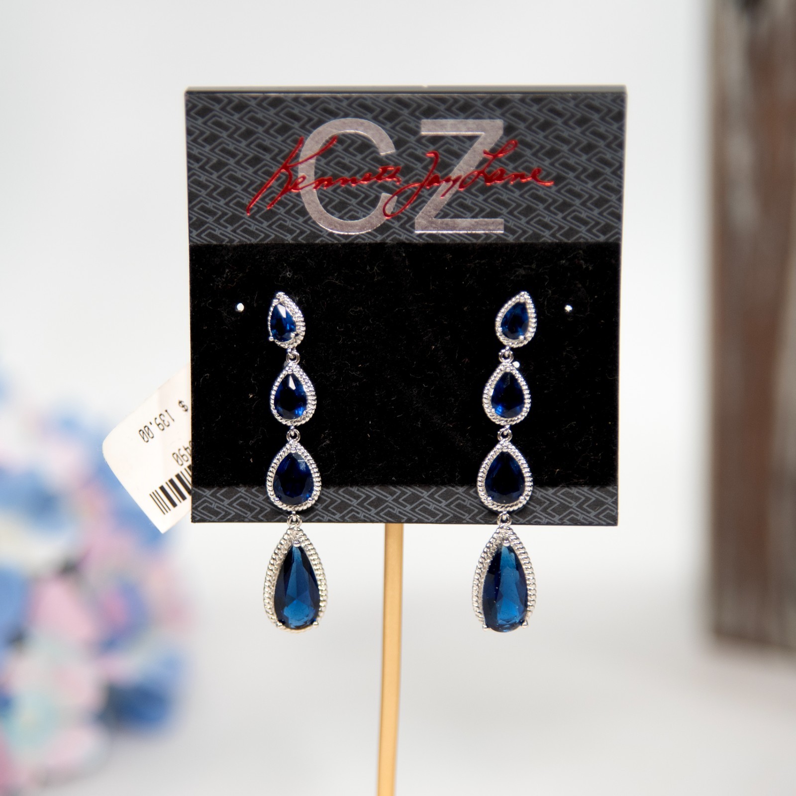 CZ by Kenneth Jay Lane 10 CT Sapphire CZ Linear Drop Dangle Earrings KE2859 NWT