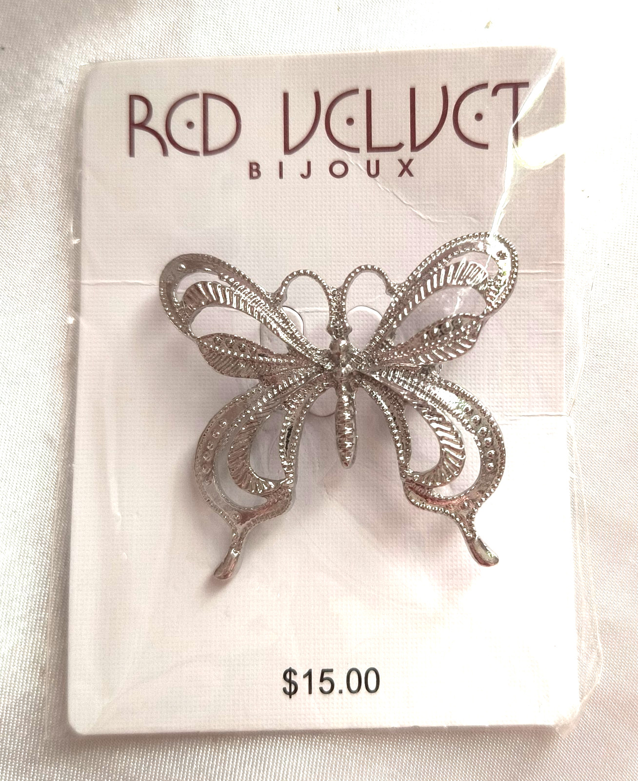 NEW Red Velt by Bijoux Women’s Jewelry Brooch Silvertone Butterfly 1.25″ x 1.25″