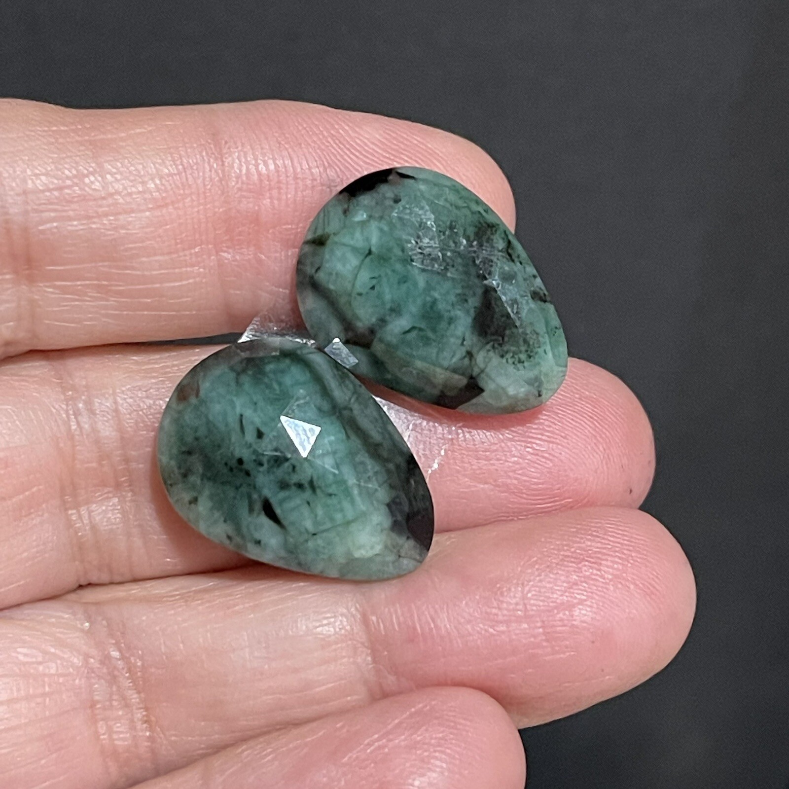 24.3ct 22×15.8×4.7mm Pair Green Emerald Rose Cut Flat Back Teardrop Cabochons