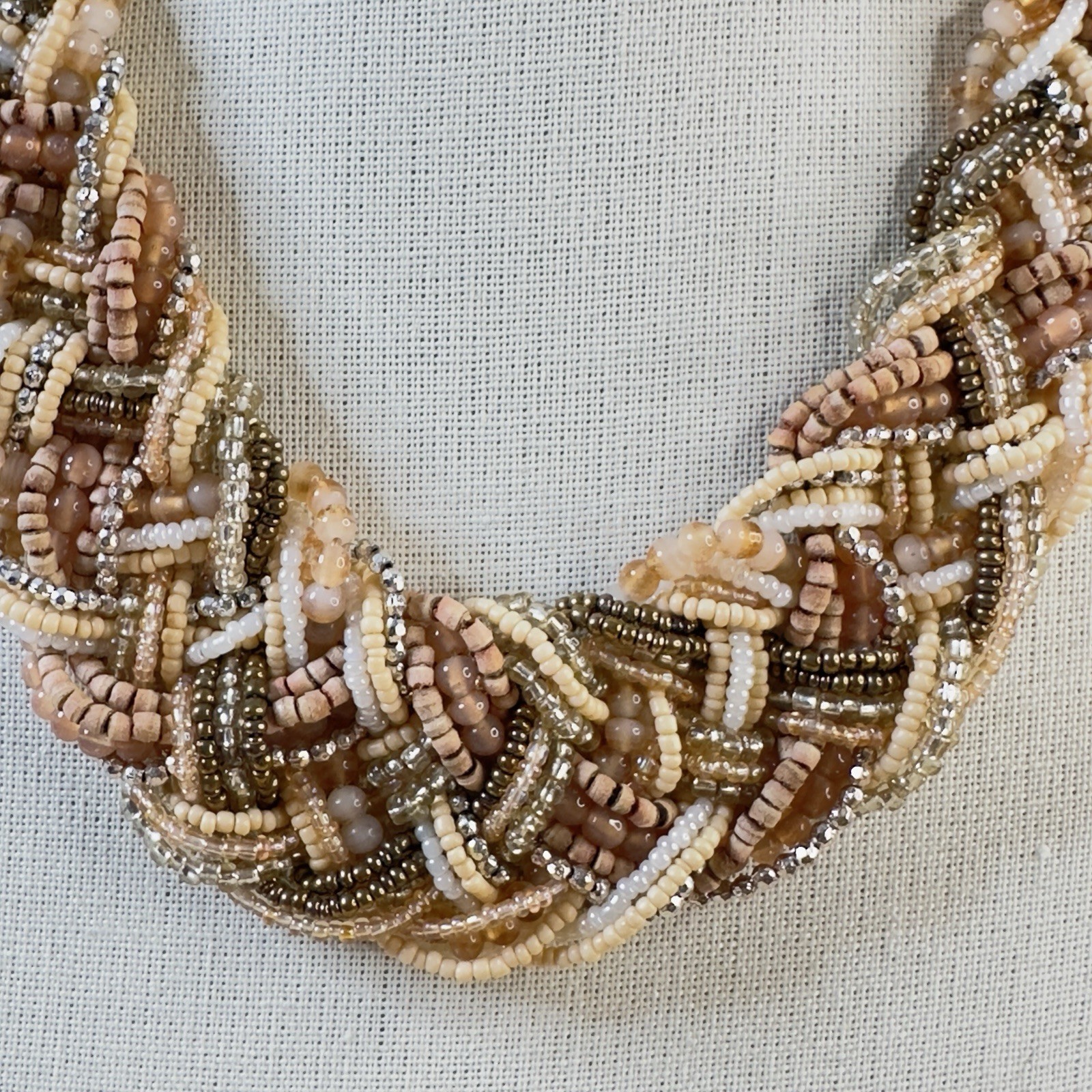 Vintage Collar Necklace Braided Seed Beads Earth Tones 18″ – 21″ Glass & Wood