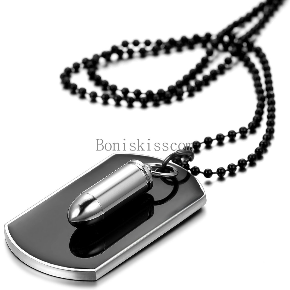 Men’s Stainless Steel Black Bullet Dog Tag Pendant Necklace w Bead Chain