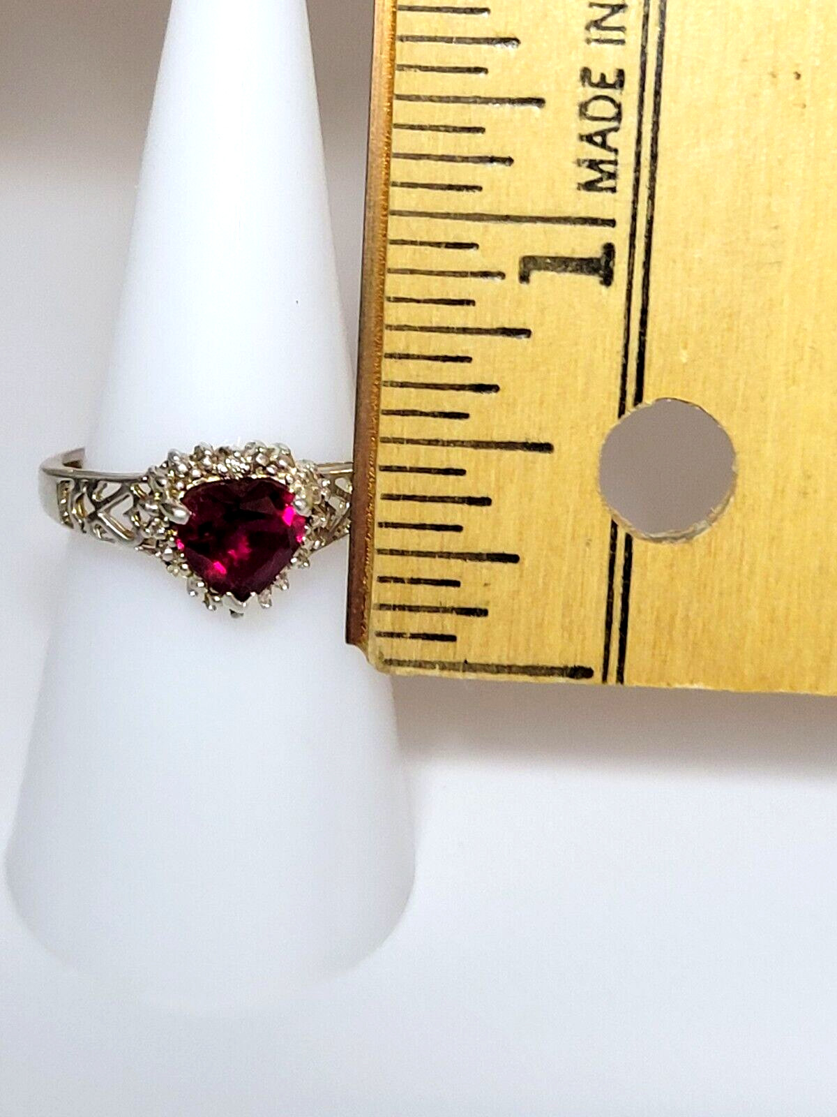 Sterling Silver (.925) Lab Created Ruby Heart & Diamond Accent Ring, Size 7, JJT