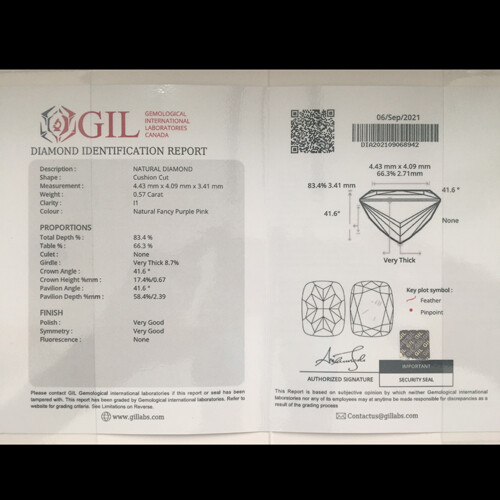 0.57Ct “GIL” CERTIFIED UNTREATED NATURAL FANCY PURPLE PINK DIAMOND FROM ARGYLE