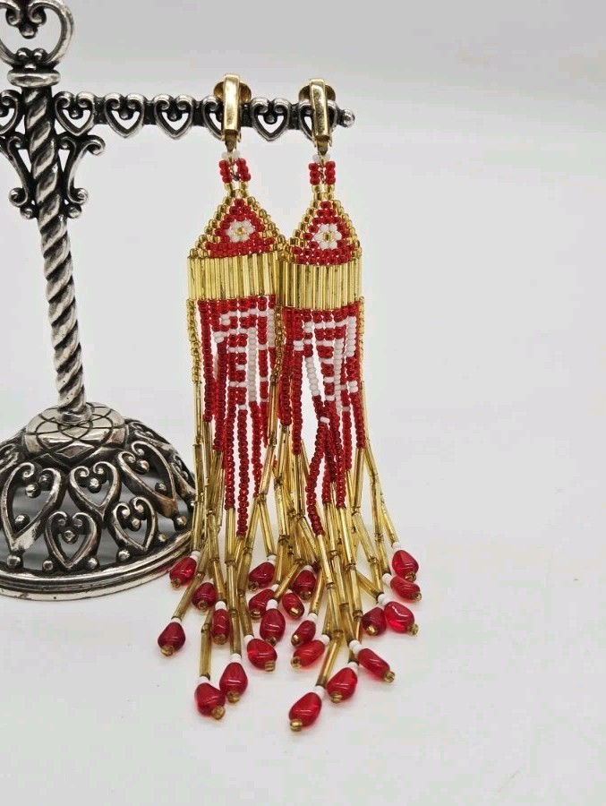 Beaded Chandelier Earrings Red and Gold Handmade Boho Flower Waterfall 5.5 in