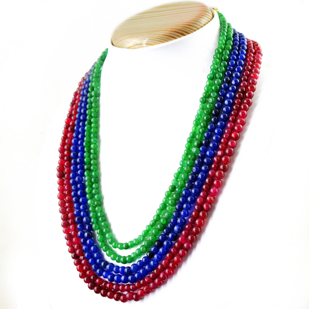 Earth Mined ENHANCED Ruby, Emerald & Sapphire 6 Line Round Beads Necklace (RS)