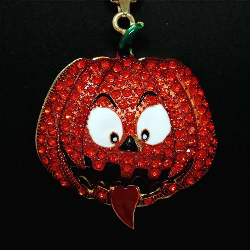 New Orange Crystal Halloween Big Pumpkin Fashion Women Sweater Chain Necklace