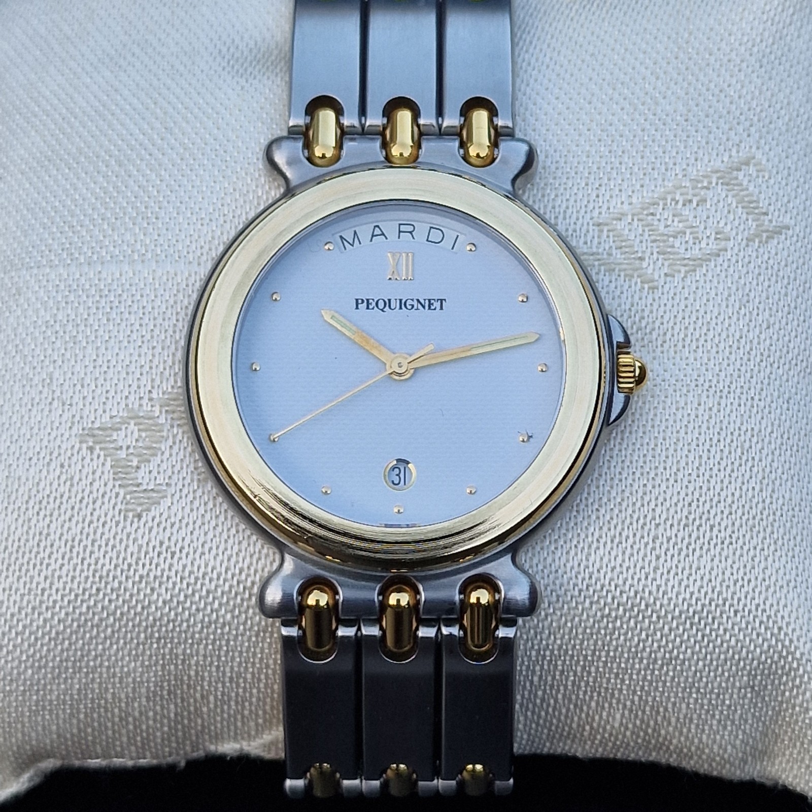 Gents EMILE PEQUIGNET Morea Date & Day Quartz watch, Box and papers, 33mm.