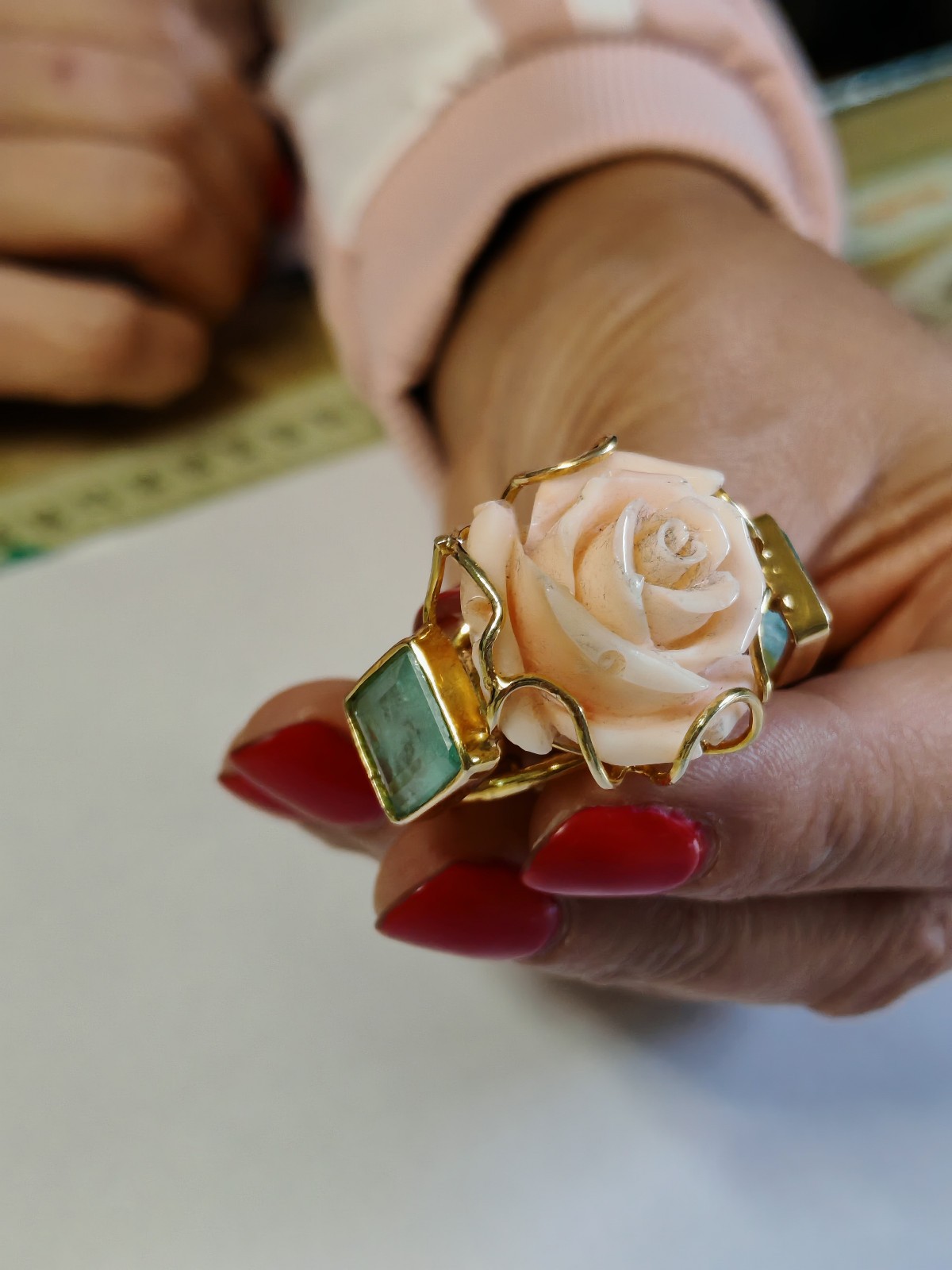 Women’s Ring Real Coral Pink Band 925 Silver Plac Yellow Gold Handmade