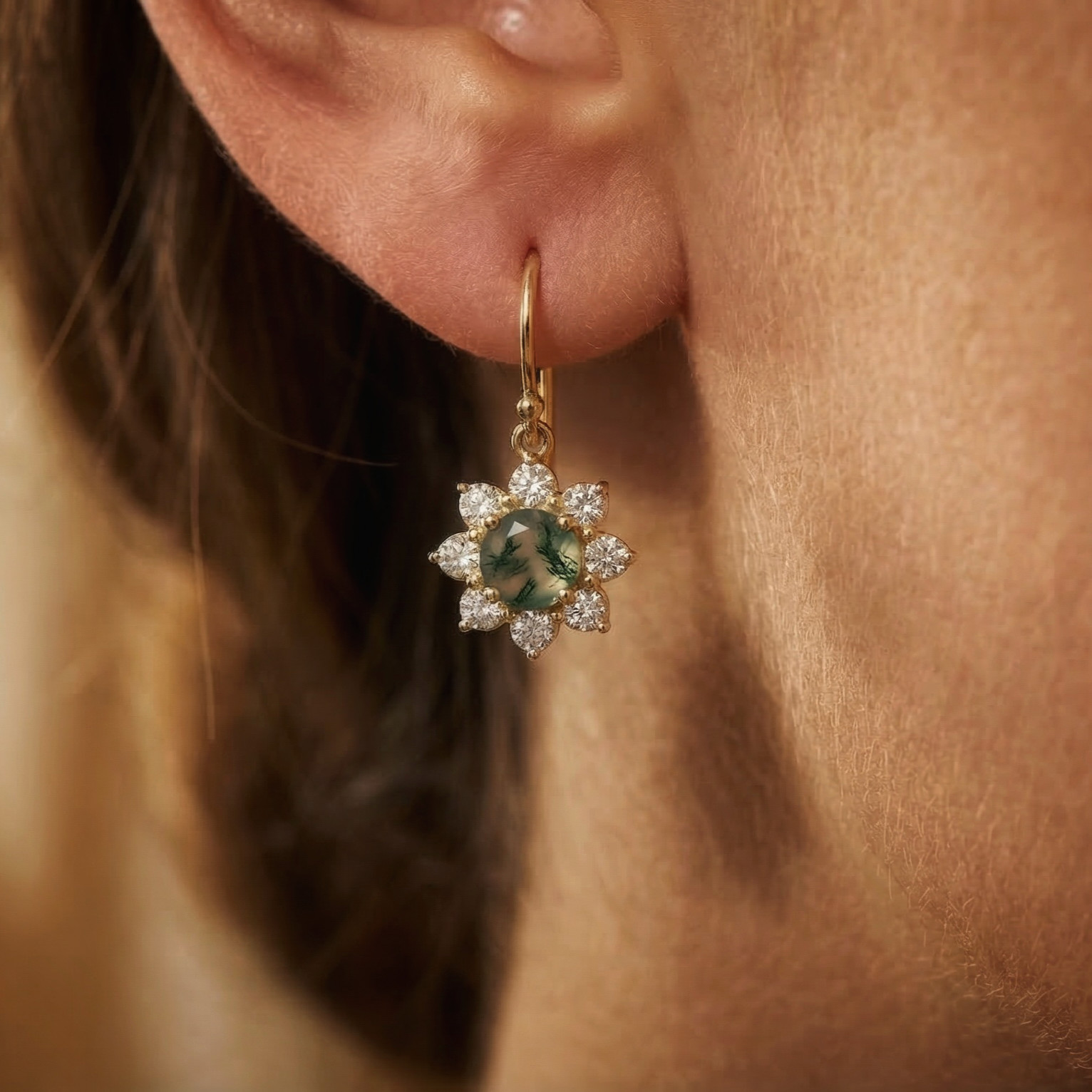 Moss Agate & CZ Statement Drop Silver Earrings,Gold Plated Floral Dangle Earring
