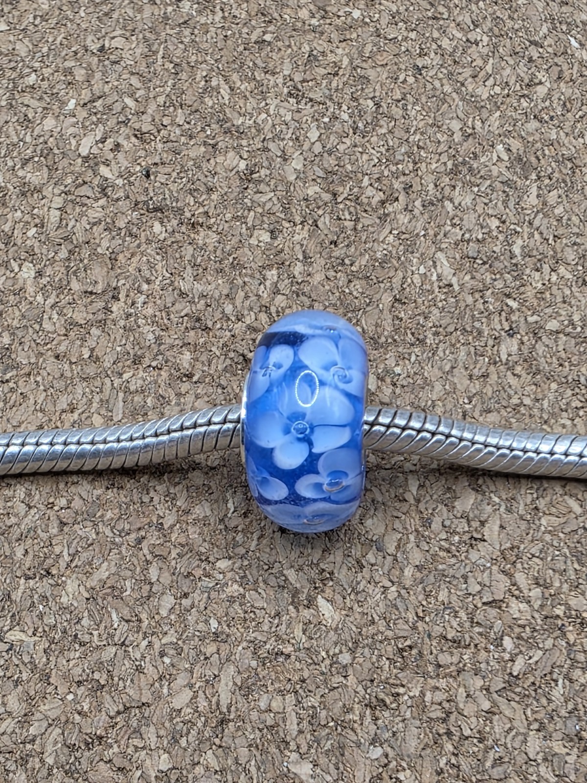 AUTHENTIC BLUE MURANO GLASS WHITE FLOWERS EUROPEAN CHARM BEAD STERLING SILVER