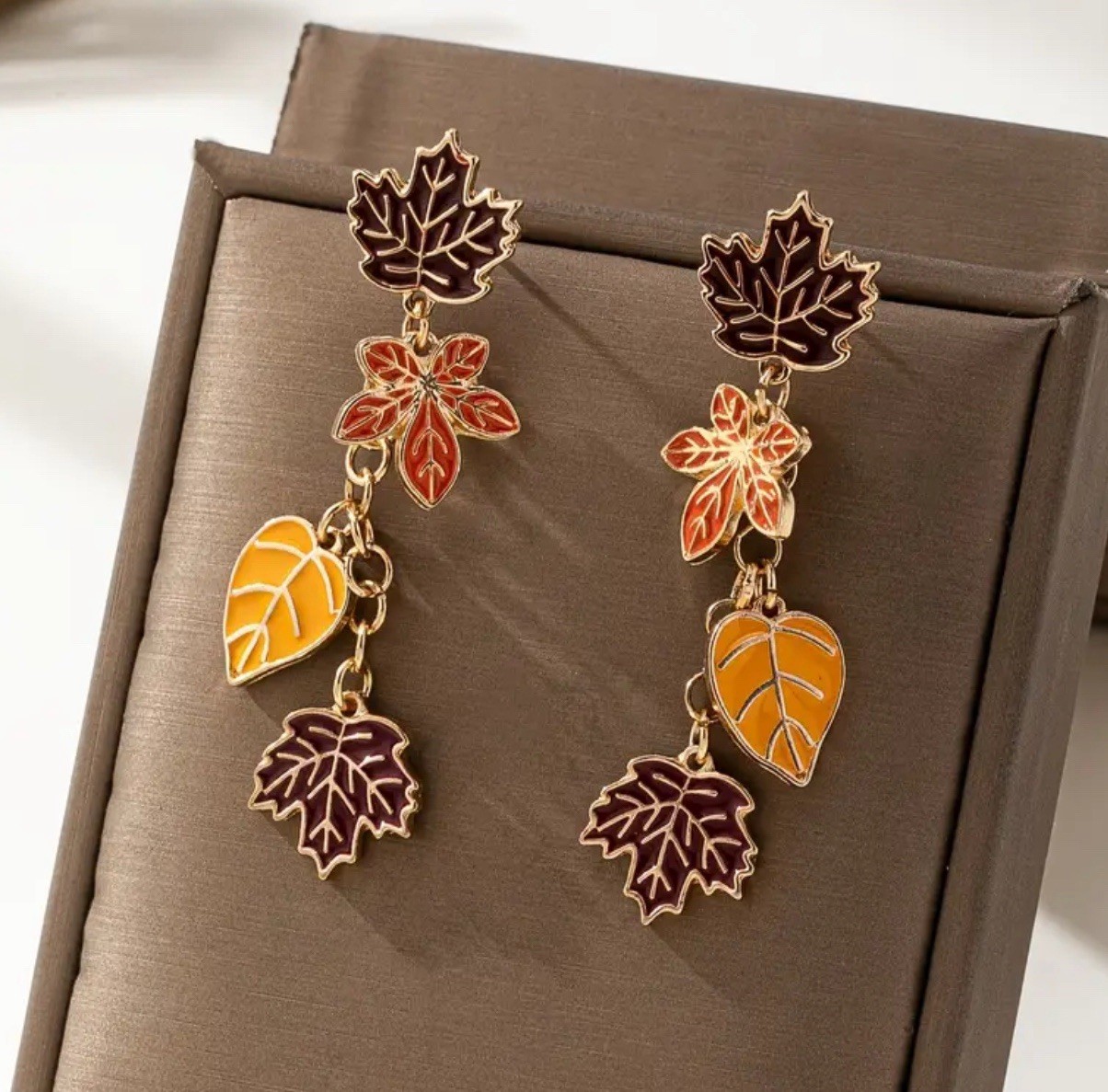 Autumn Fall Vintage Maple Leaf Golden Stud Drop Earrings Red Orange Brown Leaves