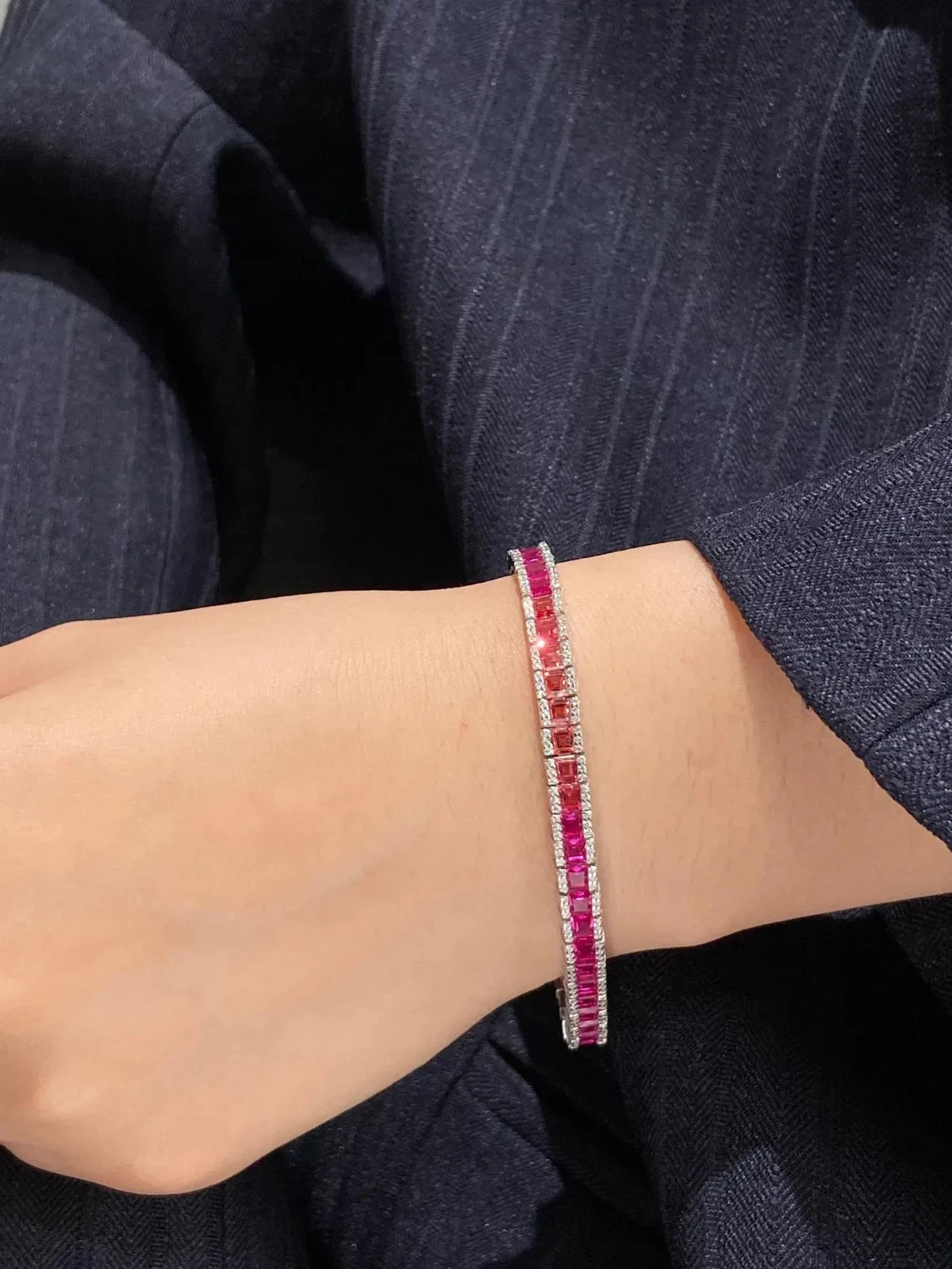 12Ct Princess Cut Lab Created Pink Ruby & Diamond Bracelet 14k White Gold Plated
