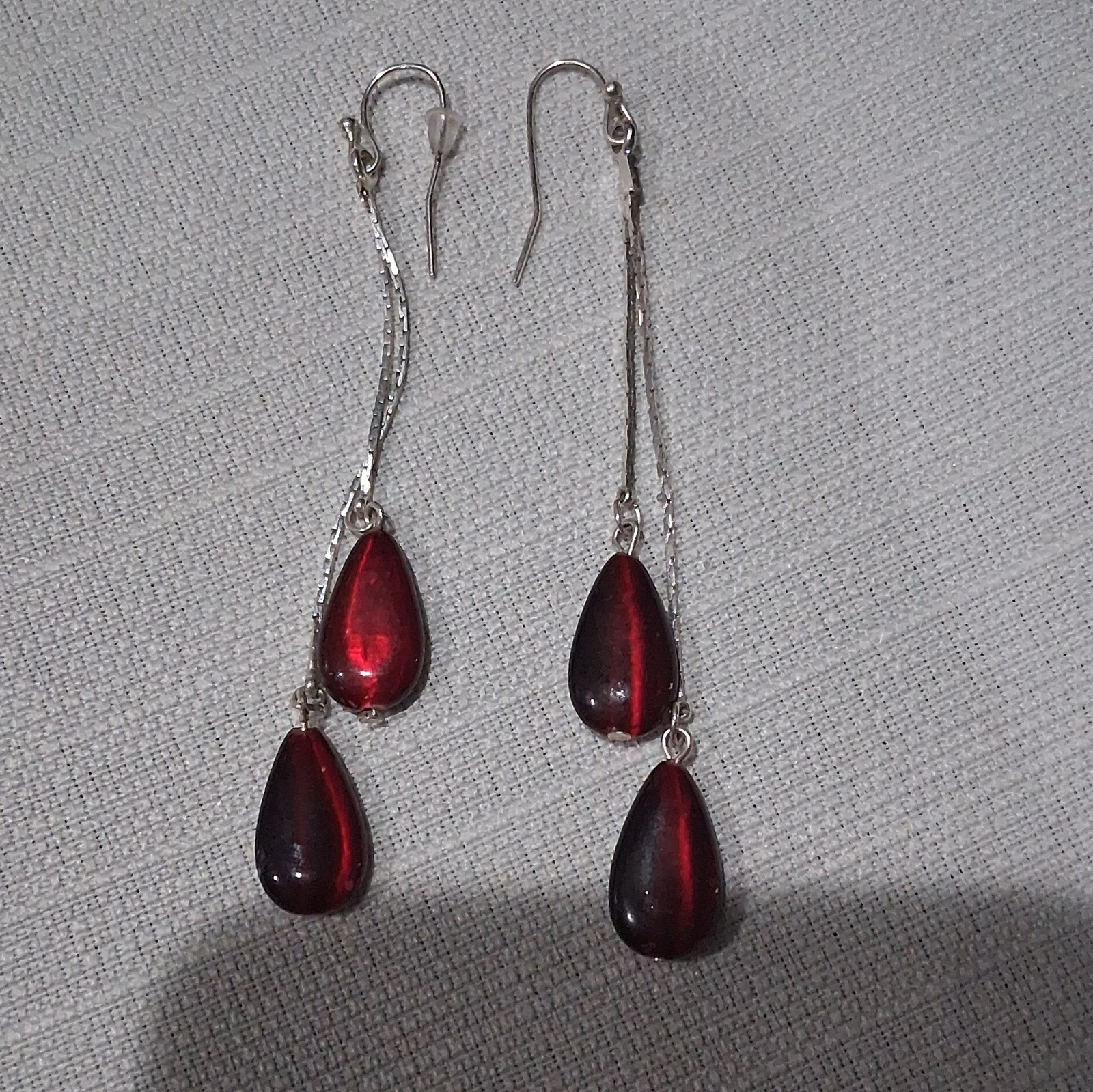 Silver-Tone Metal Red Teardrop Bead Dangle Drop Hook Earrings, 4 Stones