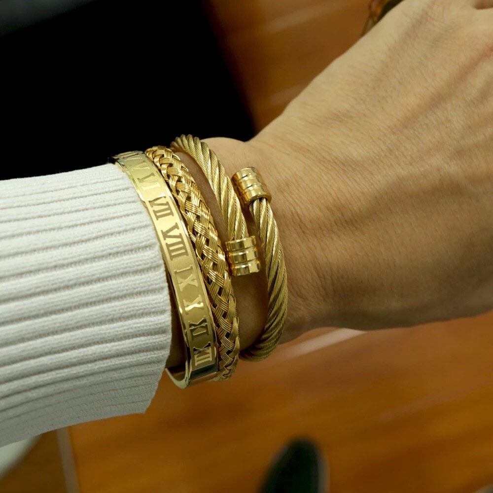 3Pcs Stainless Steel Bracelets Set Luxury Gold Roman Numeral Bangle Jewelry Gift