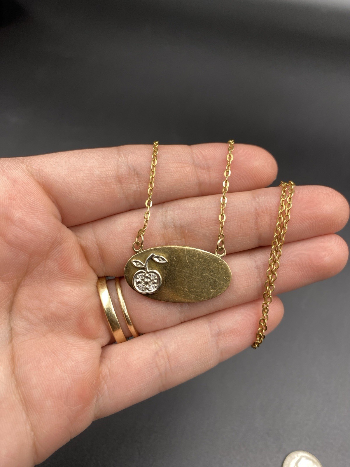 18K Gold 750 17 AR Italian Cable Link Necklace Diamond Apple Pendant 15” 7.68g