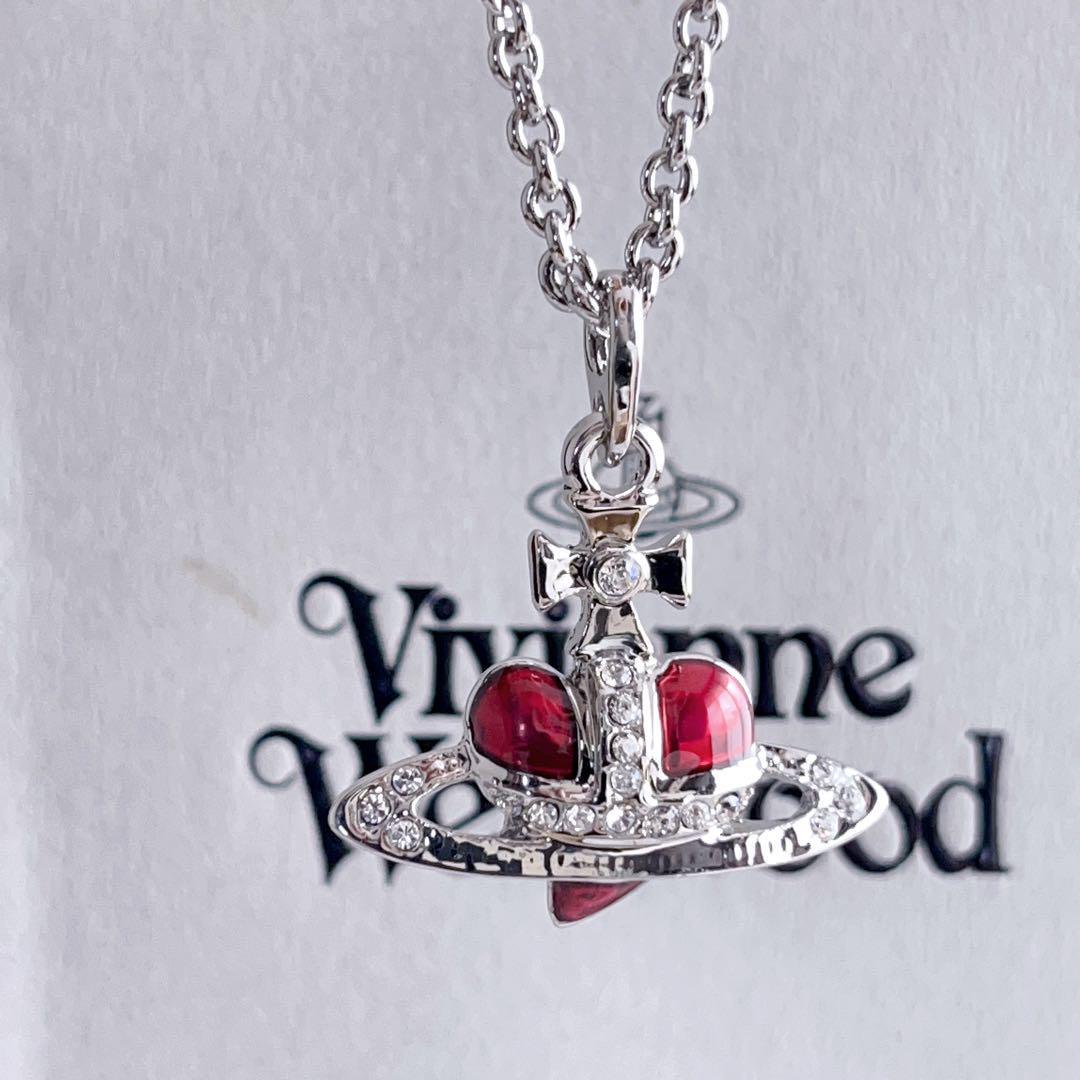 Vivienne Westwood Diamante Heart Necklace Earrings Set Red Silver NO BOX [EJ5009